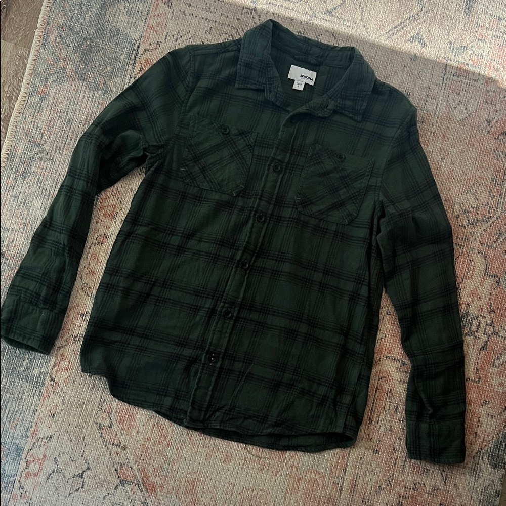 Sonoma Boys Green & Navy Blue Flannel Button Up Shirt Size L